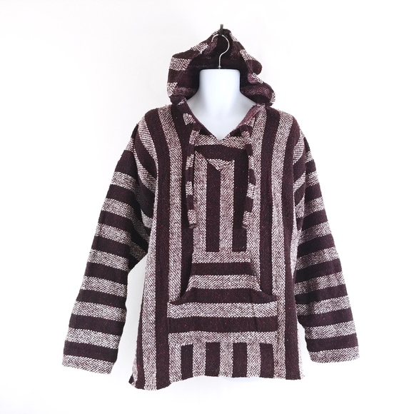 Vel Mex Mexico Other - Burgundy Striped Mexican Blanket Jerga Baja Hoodie